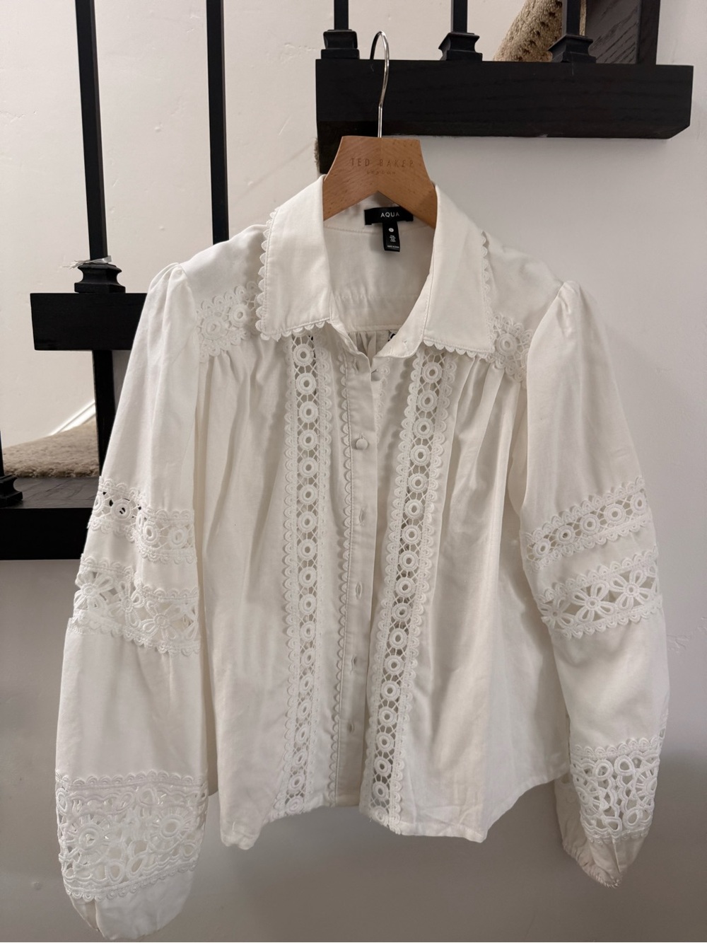 Aqua White Eyelet Lace Button-Front Blouse